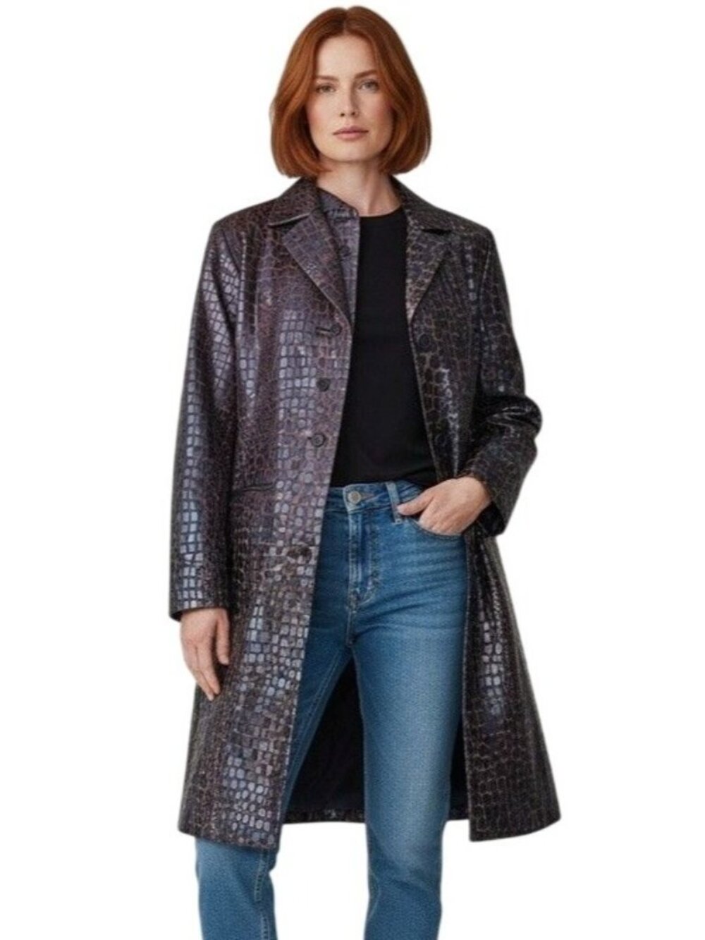 Selene Sport Women's Trench Coat 14 Brown Black Textured Faux Alligator Leather